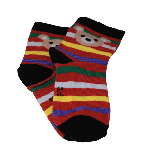Red Multi Lines Teddy Kids Socks (6-10 Years)