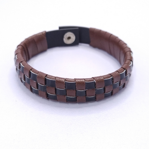 Brown Engraved Leather Braided Bracelet For Men