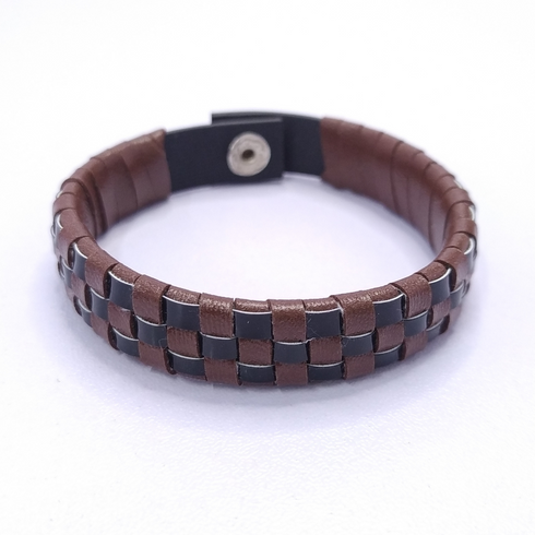 Brown Engraved Leather Braided Bracelet For Men