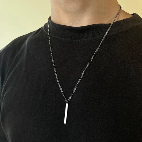 Silver Vertical Bar Stainless Steel Pendant Chain Necklace