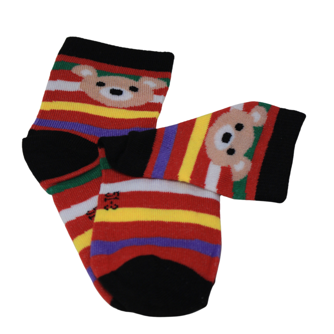 Red Multi Lines Teddy Kids Socks (6-10 Years)