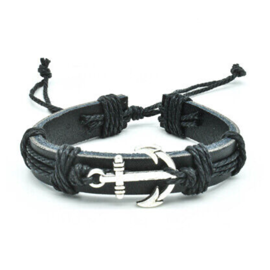 Black Anchor Leather Braided Bracelet For Men