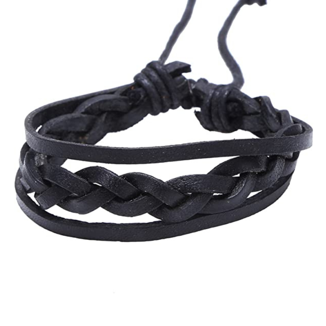 Black Style Leather Flat Bracelet For Men
