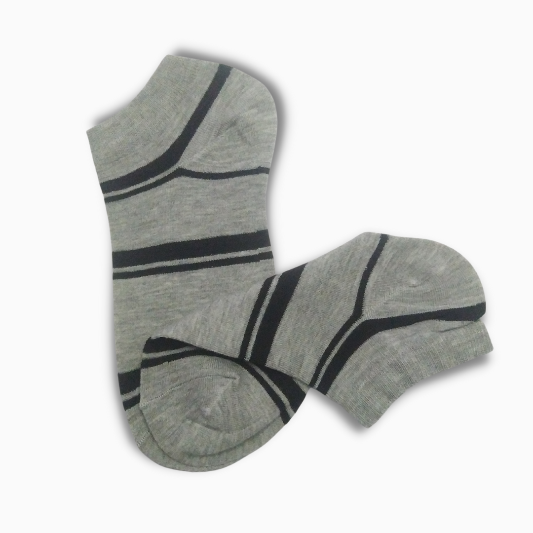 Grey Short Ankle Socks With Black Stripes