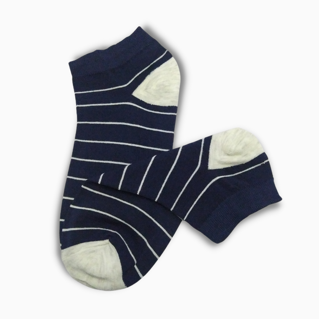 Navy Blue Short Ankle Socks With White Lines