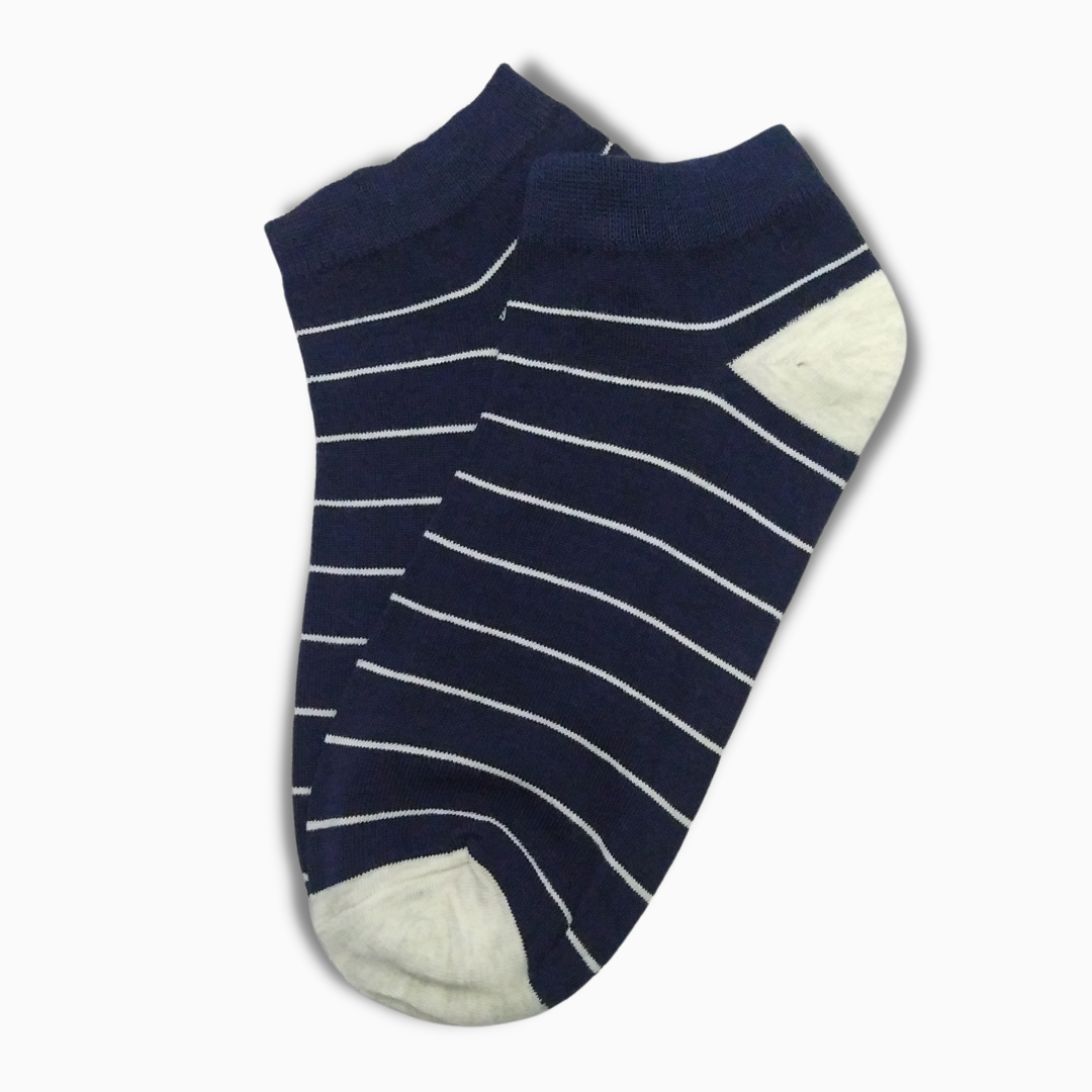 Navy Blue Short Ankle Socks With White Lines