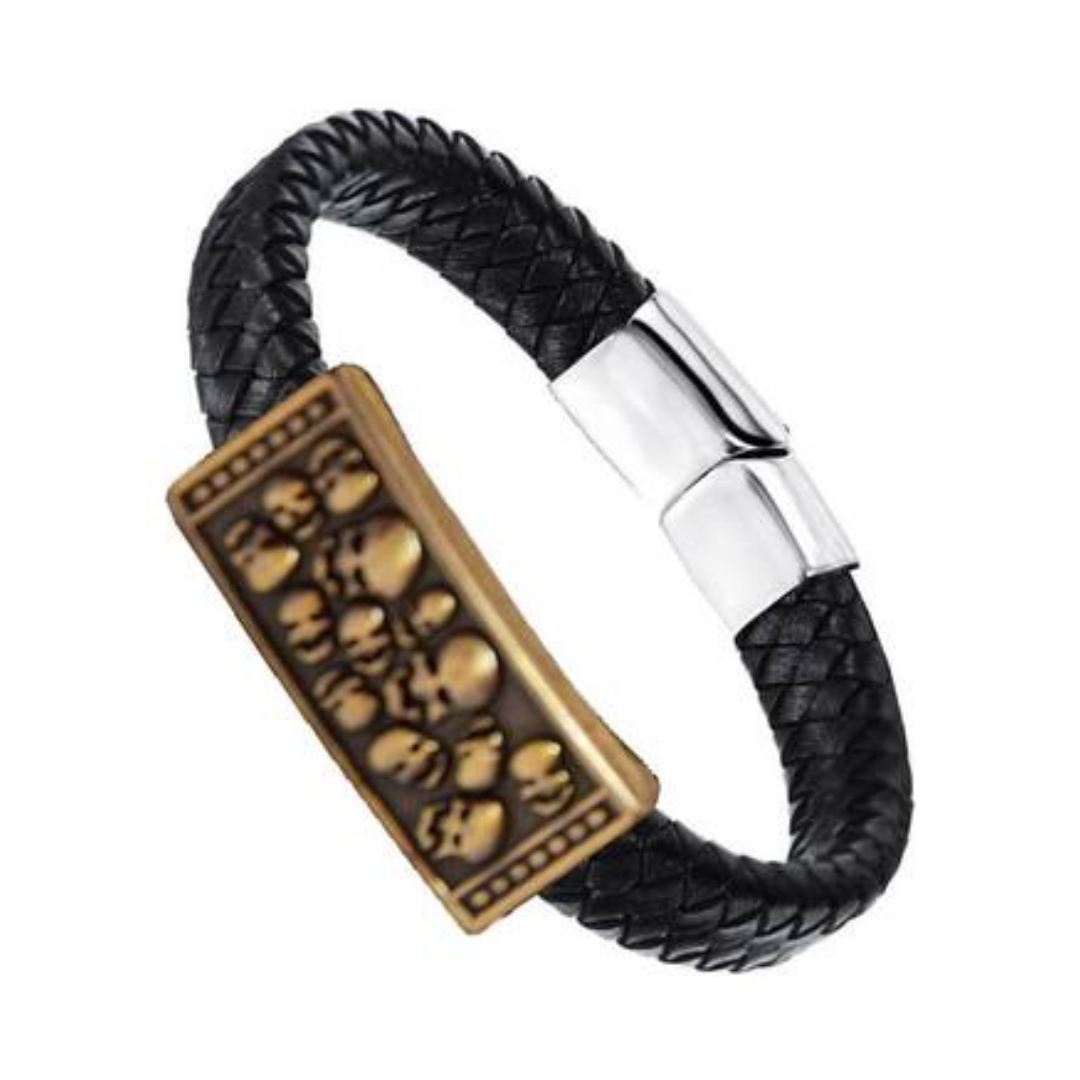 Skull Black Leather Bracelet For Men